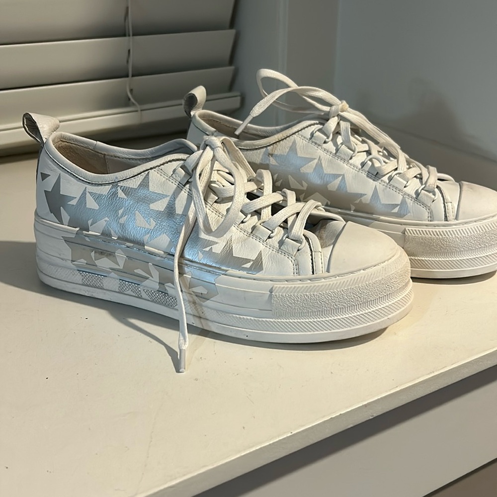 White with silver stars platform womens sneakers by Django & Juliette.